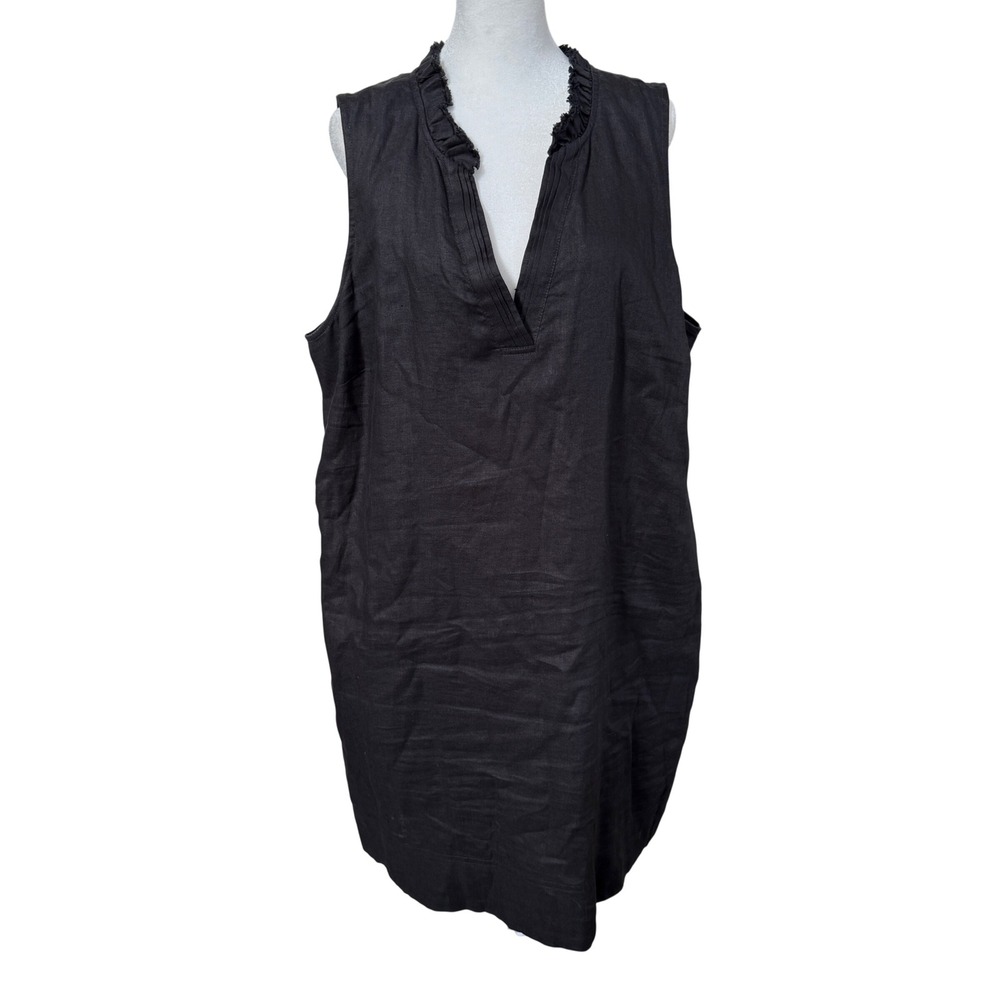 Tommy Bahama Two Palms Dress XL Black 100% Linen Ruffle V Neck Shift Pockets